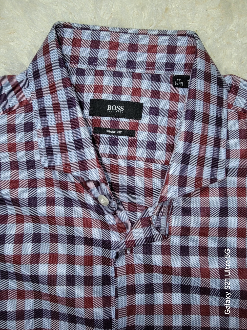 Boss Men's Check Button-Down Shirt in Burgundy & White Size 17- 34/35